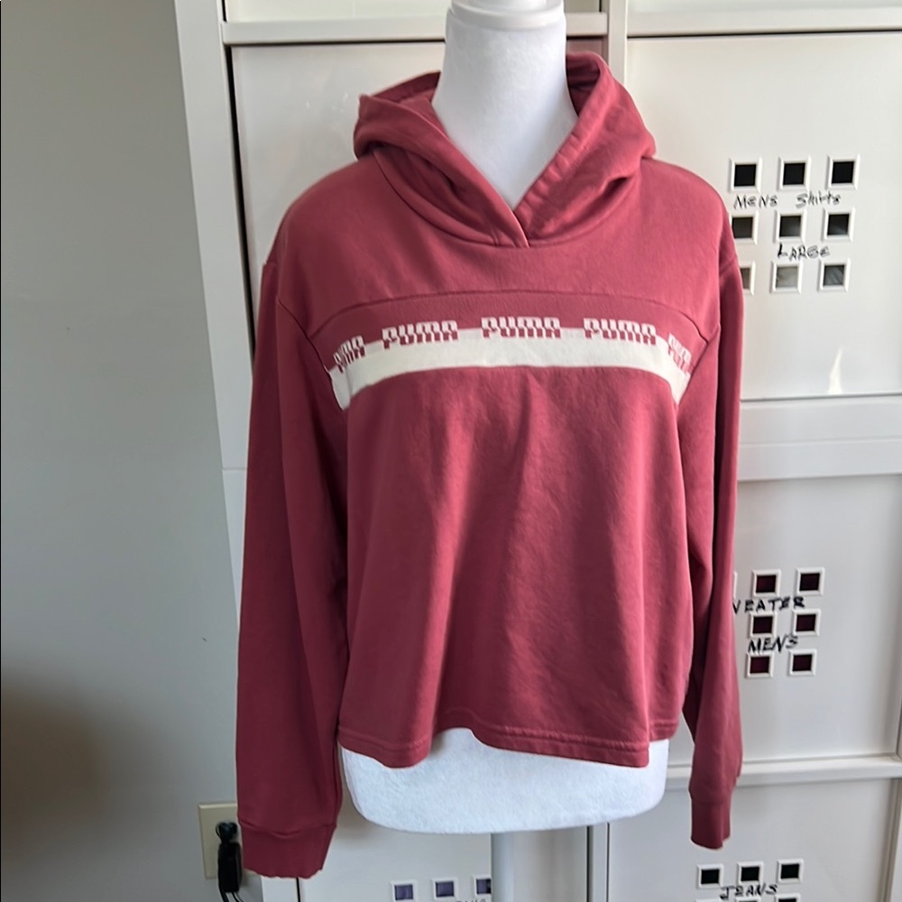 PUMA‎ Amplified Cropped Pullover Hoodie Pink Rose Tape Logo Size Medium
